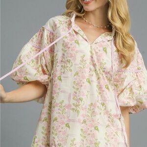 Floral Print Puff Sleeve Tie Neck Blouse